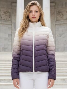 ZYIA Women's Ombre Quilted Puffer Jacket in White and Purple